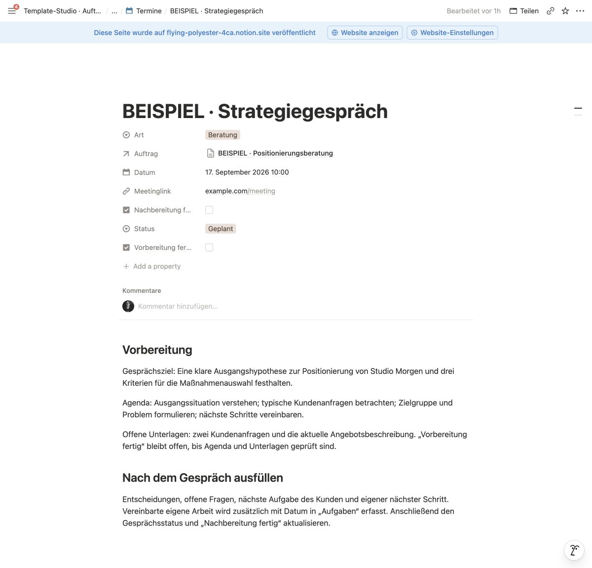 Originalseite eines Strategiegesprächs in Notion mit Termin, Auftrag, Vorbereitungsstatus, Agenda und Platz für die Nachbereitung.